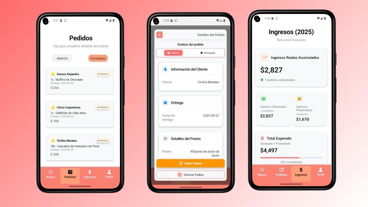 Captura de pantalla mostrando módulos de creación de pedidos, edicion de pedidos y módulo de Ingresos en la App