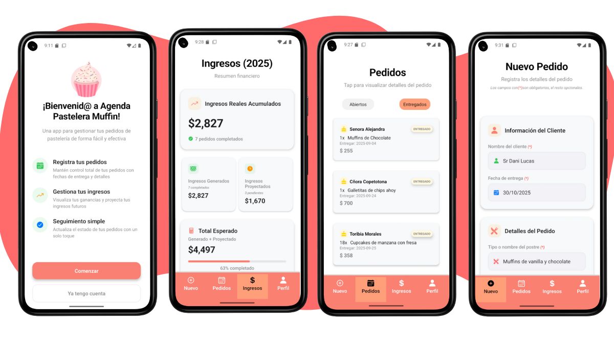Muffin App módulos de creación de pedidos, edicion de pedidos y módulo de Ingresos en la App